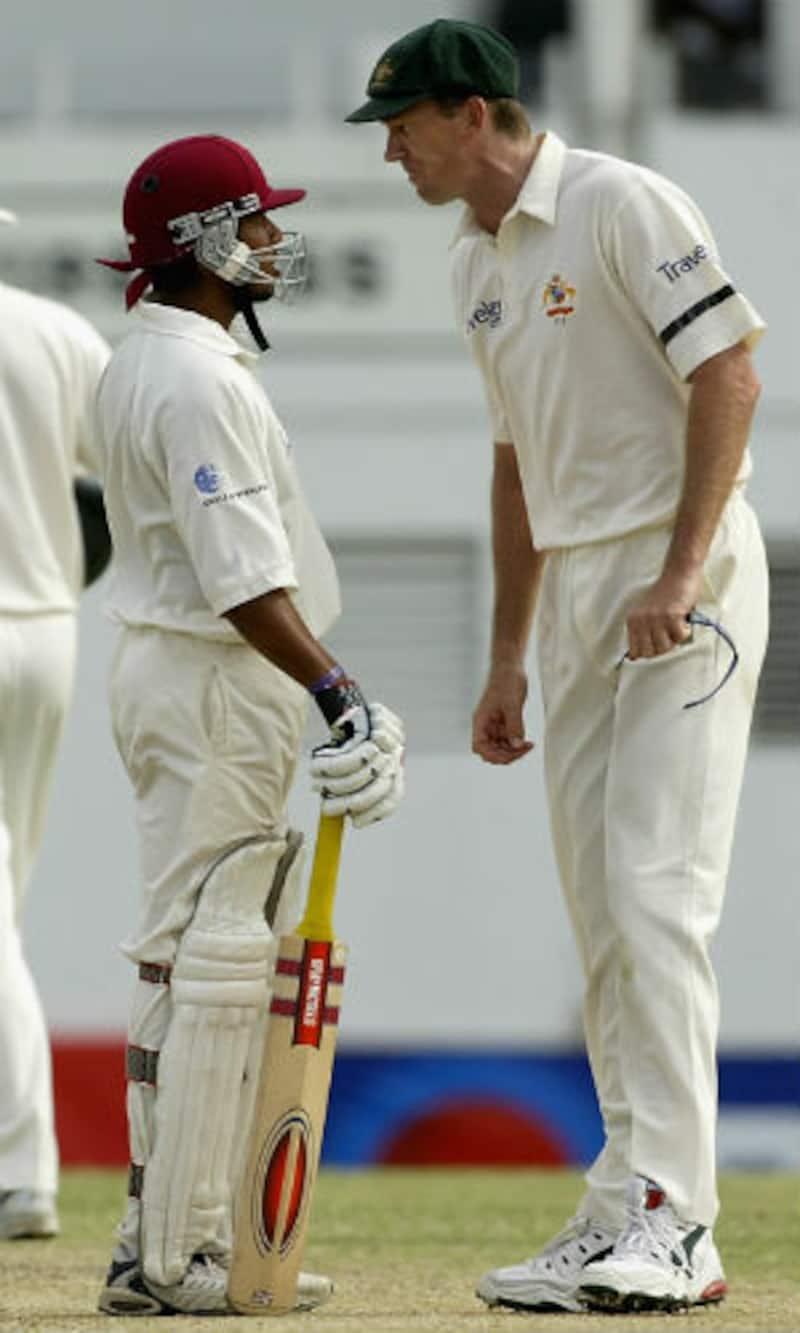 David Shepherd intervened at this point and Glenn McGrath's teammates Matthew Hayden and Justin Langer came to his support © Getty Images