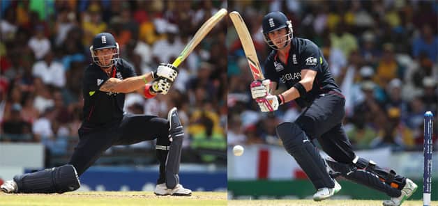 Kevin Pietersen (left) and Craig Kieswetter shared a 111-run partnership for the second wicket at almost 9.8 runs an over © Getty Images