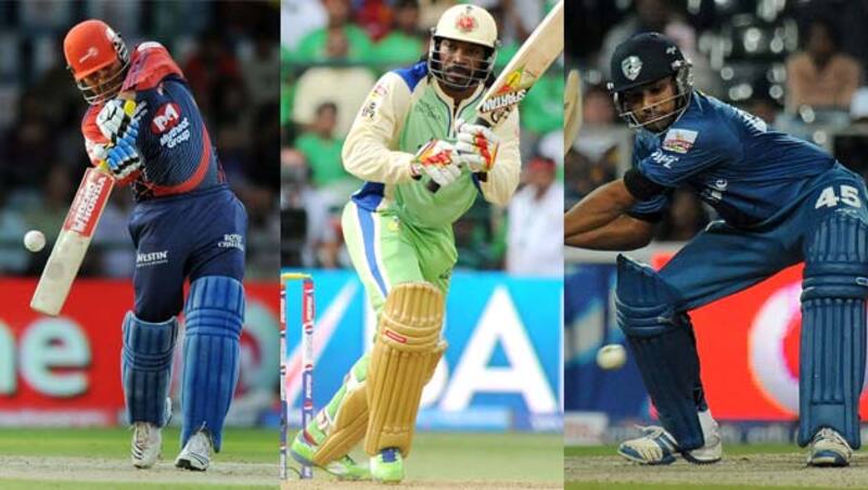 Virender Sehwag smashed Andrew Symonds in the second season, Chris Gayle (centre) is an usual face in the carnage of bowlers, Rohit Sharma scripted a win for Deccan Chargers after hitting Mashrafe Mortaza &copy; AFP & IANS