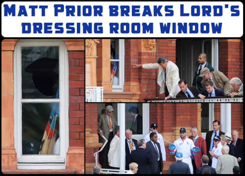 Clockwork from left: 1) A shot of the Lord's dressing room window which was broken, 2) MCC members look at the broken window and 3) Matt Prior apologises to the spectators below © Getty Images