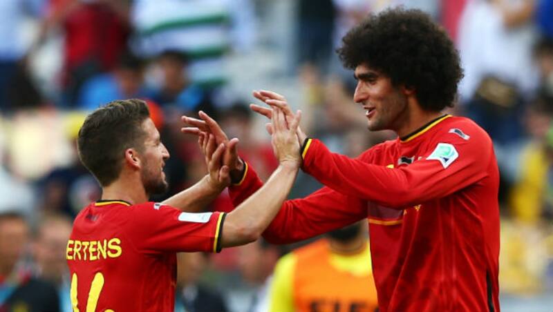 Belgium's goal scorers Dries Mertens and Marouane Fellaini