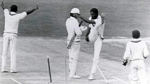 Michael Holding kicks the stumps in frustration after a decision for caught behind was turned down in the 1st Test against New Zealand at Carisbrook in Dunedin, New Zealand, in 1980 © Getty Images