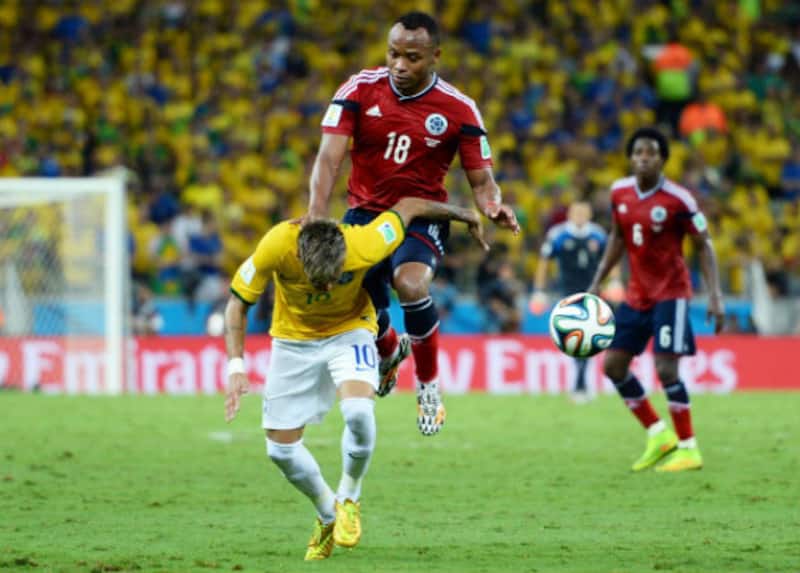 Neymar was kneed in the back by Juan Zuniga, which has ruled him out of the FIFA World Cup 2014 &Acirc;&copy; Getty Images