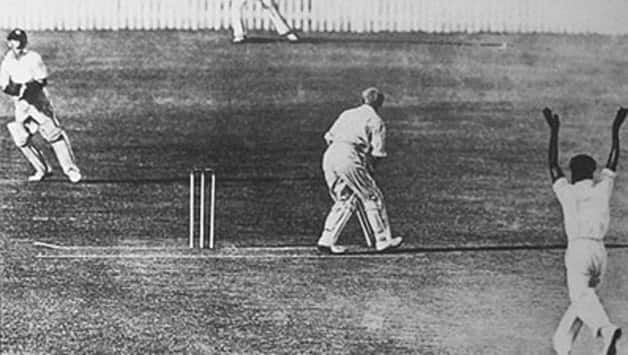 Eddie Gilbert removes Bradman for a 5-ball duck. Do note the direction Bradman is looking at. Photo courtesy: Wikimedia Commons.