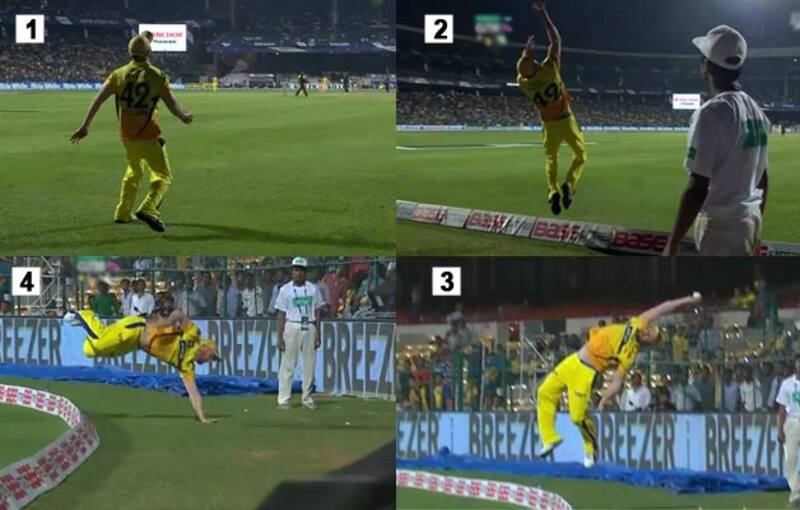 Frame-by-frame image of Brendon McCullum's effort. (clockwise from top left) McCullum sets himself underneath the ball, takes a well-timed leap, throws the ball back before landing beyond fence. Photo Courtesy: Screengrab from StarSports video