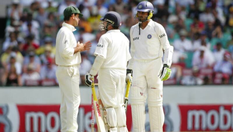 Australian captain Ricky Ponting (left) with Sachin Tendulkar (centre) and Harbhajan Singh in a discussion during the infamous Sydney Test in 2008 &Acirc;&copy; Getty Images