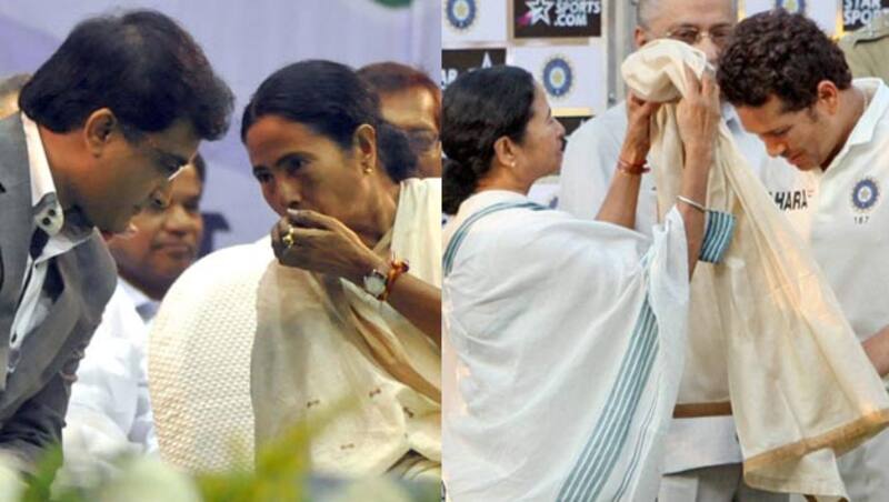 Mamata Banerjee, before the accusation. Left: In conversation with Sourav Ganguly. Right: Felicitating Sachin Tendulkar. &Acirc;&copy; Getty Images