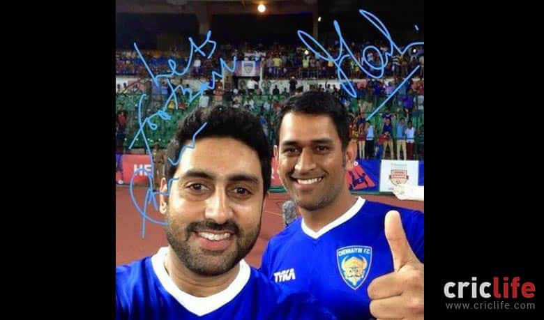 MS Dhoni and Abhishek Bachchan celebrate Chennaiyin FC’s win