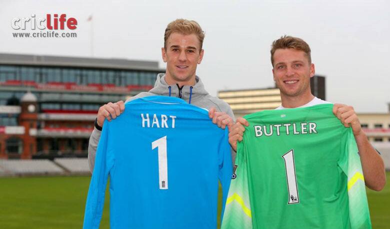 Jos Buttler meets Manchester City goalkeeper Joe Hart