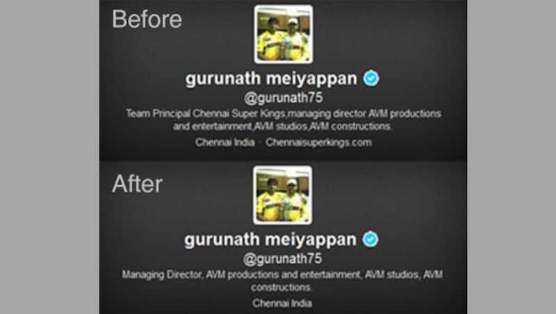 Gurunath Meiyappan's Twitter bio before and after the spot-fixing also betting scandal broke out.