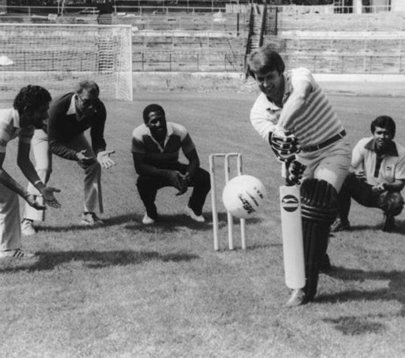 Geoff Hurst seems to be seeing the ball like a football at Stamford Bridge as (clockwise from left) Deryck Murray, Clyde Walcott, Viv Richards, and Alvin Kallicharran look on from rather unconventional fielding position &Acirc;&copy; Getty Images