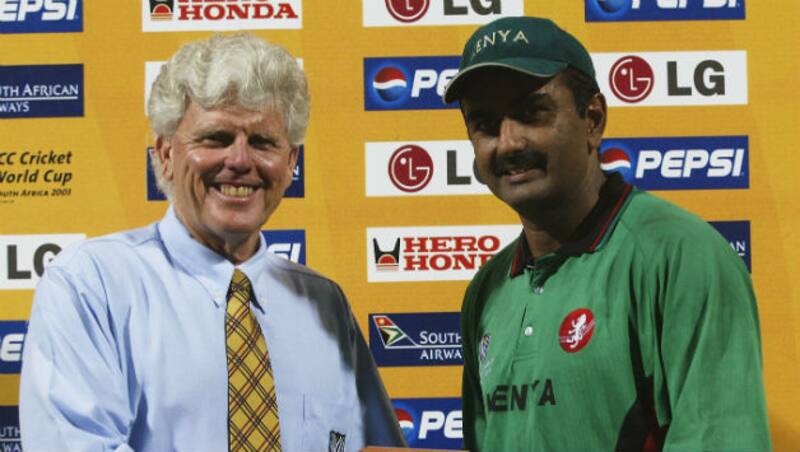 South African legend Barry Richards (left) presents Aasif Karim his Man of the Match award &Acirc;&copy; Getty Images