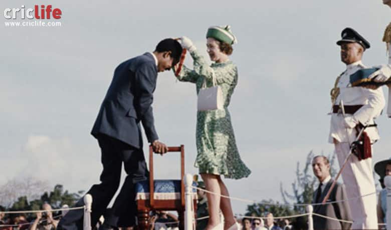 Garry Sobers knighted by Queen Elizabeth II in 1975