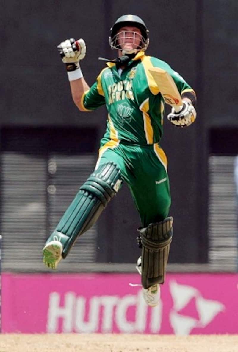 AB de Villiers celebrates his hundred; do note the two-legged leap &Acirc;&copy; Getty Images