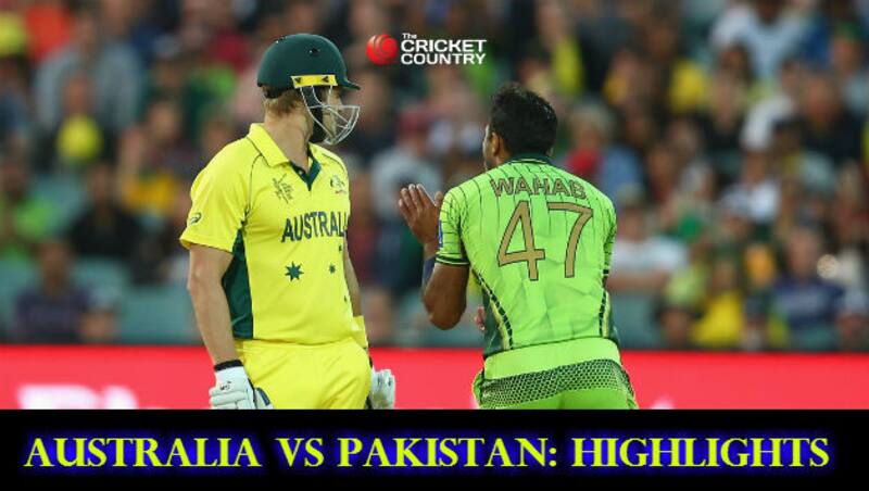 Wahab Riaz (right) exchanges pleasantries with Shane Watson during the quarter-final between Pakistan and Australia at Adelaide &Acirc;&copy; Getty Images 