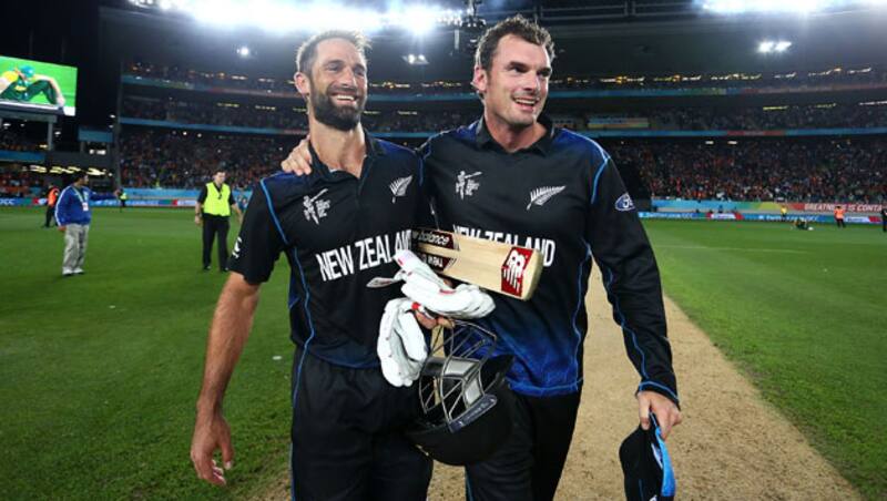 Grant Elliott (left) and Kyle Mills after the former helped New Zealand qualify for their first-ever World Cup final appearance &Acirc;&copy; Getty Images