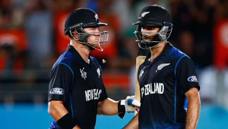 Corey Anderson (left) and Grant Elliott shared a vital 103-run stand for the fifth-wicket &Acirc;&copy; Getty Images