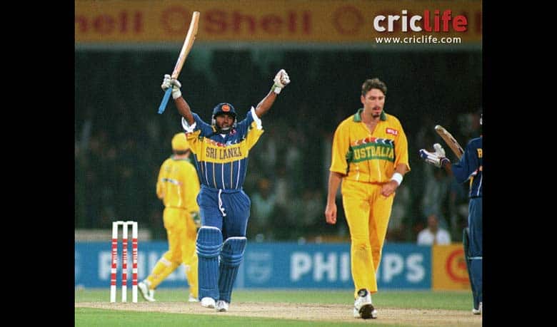 Aravinda de Silva after scoring century against Australia in the 1996 World Cup Final at Gadaffi Stadium, Lahore © Getty Images