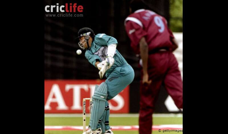 Craig McMillian of New Zealand challenged by a delivery from Curtly Ambrose of the West Indies