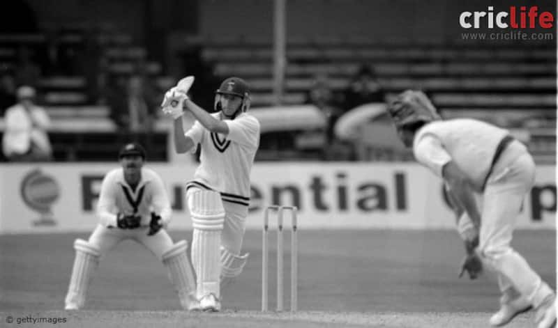 Caption: Zimbabwe&acirc;s Duncan Fletcher smacks Jeff Thomson for a boundary