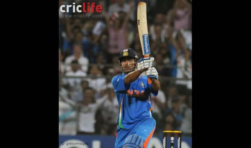 Mahendra Singh Dhoni hits a six to win against Sri Lanka in the final match of World Cup 2011 at Wankhede Stadium, Mumbai