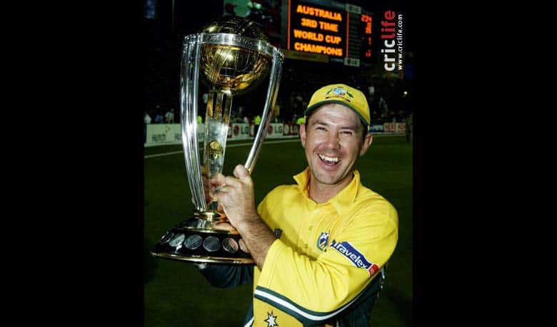Australian captain Ricky Ponting celebrates with the trophy after winning the ICC Cricket World Cup 2003 final against India at Johannesburg © Getty Images