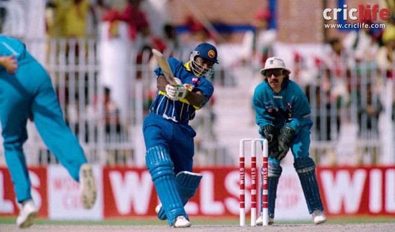 Sanath Jayasuriya in action against England at Faisalabad in first quarter-final of the 1996 World Cup © Getty Images