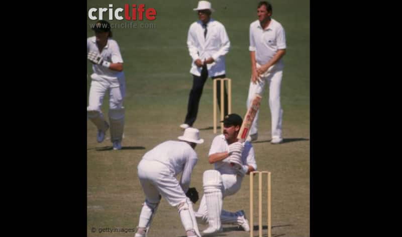 David Boon sweeps a ball from John Emburey during the final of the Cricket World Cup 1987 at Eden Gardens, Calcutta