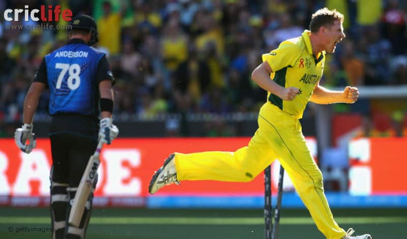 James Faulkner celebrates getting the wicket of Corey Anderson during the ICC Cricket World Cup 2015 final against New Zealand