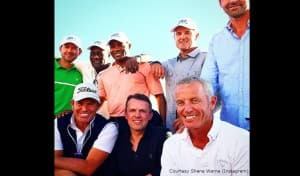 From the cricketing greens to the golfing greens… Standing (from left): Ricky Ponting, Viv Richards, Brian Lara, Nathan Astle and Stephen Astle.  Kneeling (from left): Shane Warne, Graeme Swann and Mark Richardson. (Courtesy Shane Warne Instagram)