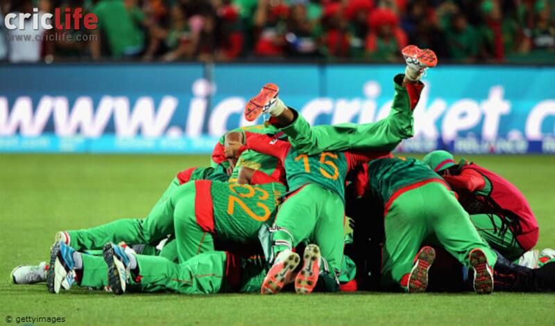 Bangladesh cricketers celebrate after the famous win against England at Adelaide.