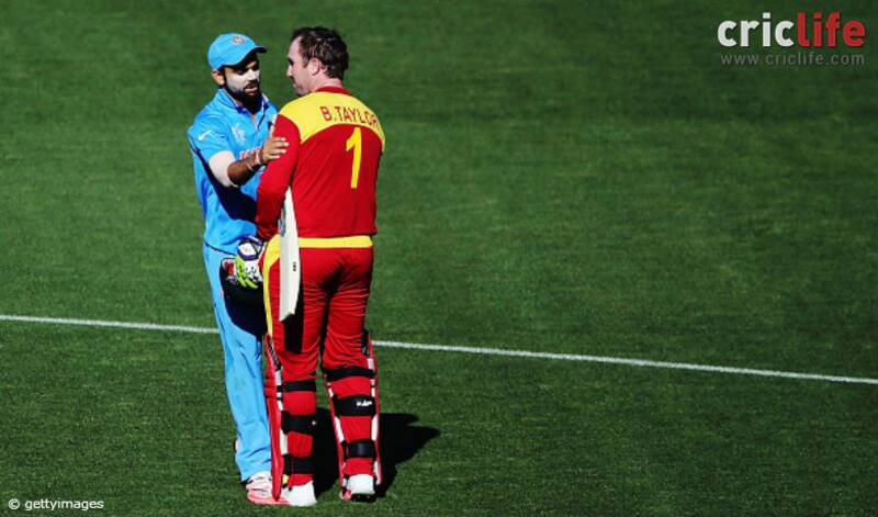 Virat Kohli congratulates Brendan Taylor on his career after the latter departs post an incredible innings, which was his last for Zimbabwe