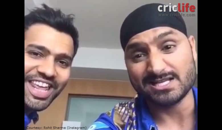 Mumbai Indians cricketers Rohit Sharma and Harbhajan Singh imitate the legendary Bollywood voice of ‘Gabbar’