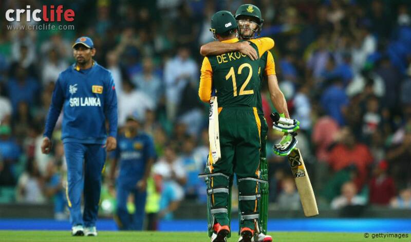 The much awaited moment. Quinton de Kock and Faf du Plessis celebrate South Africa&acirc;s first ever World Cup knockout win
