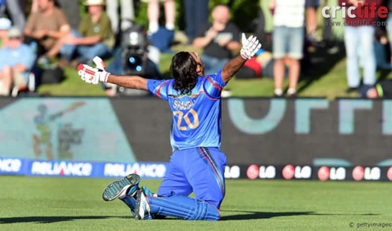 Shapoor Zadran celebrates after hitting the winning runs