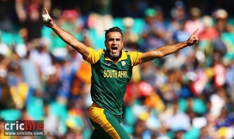 Imran Tahir celebrates in his own style after picking up the wicket of Lahiru Thirimanne