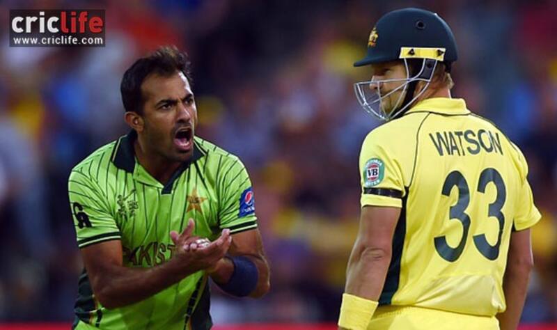 An animated Wahab Riaz has a go at Shane Watson