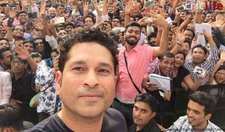 Sachin Tendulkar clicks a grand selfie at the opening of Smaaash Live in Gurgaon