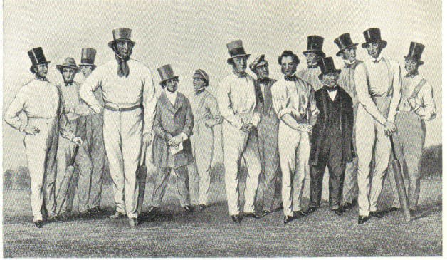 William Clarke's All-England XI, 1847. From left: Joe Guy, George Parr, Will Martingell, Alfred Mynn, William Denison, Jemmy Dean, William Clarke, Nicholas Felix, Oliver Pell, William Hillyer, William Lillywhite, William Dorrinton, Fuller Pilch and Tom Sewell.