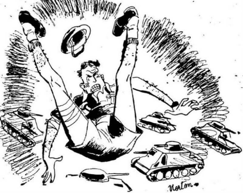 A depiction of Bob Crisp and his dismantled tanks. Cartoon by âNortonâ on The Worldâs News (Sydney)