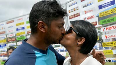 Kumar Sangakkara with his wife Yehali after the retiring from international cricket © AFP