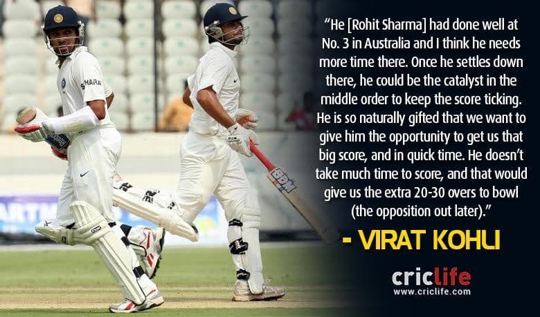 Captain Virat Kohli insists on Rohit Sharma at No.3 in Tests