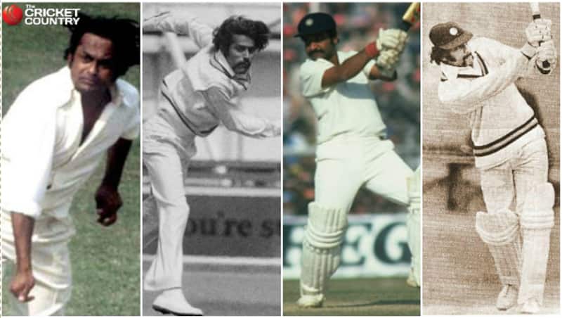 Architects of that historic win: (from left) EAS Prasanna, Bhagwat Chandrasekhar, Gundappa Viswanath, Brijesh Patel. Photo Courtesy: Prasanna (AFP), Chandra, Viswanath (Getty Images), Brijesh (Brijesh Patel Cricket Academy Facebook page)