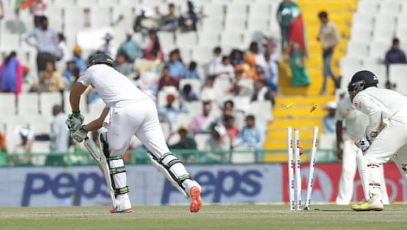 AB de Villiers gets foxed by Amit Mishra in South Africa's first innings at Mohali (Courtesy: AFP)
