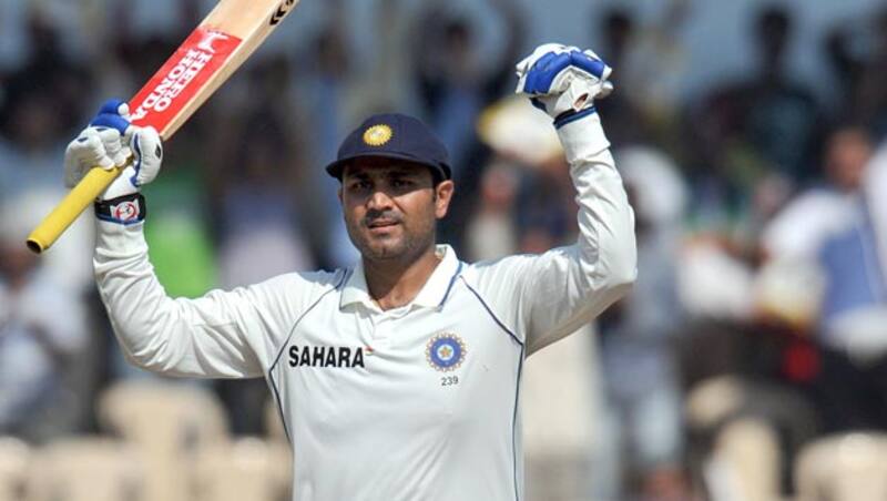 Virender Sehwag celebrating his double ton against Sri Lanka in December 2009 &copy; AFP