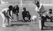 Football legend Geoff Hurst plays cricket with the members of West Indian side