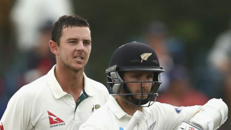 Josh Hazlewood (left) lost his cool when Kane Williamson was given not out towards the end of the first session on Day 4 &nbsp;&copy; Getty Images