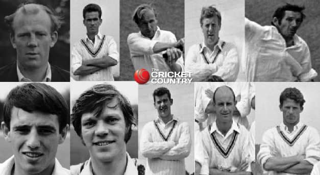 The ten catchers. Clockwise, from top left: Tony Lock (c), Clive Inman, Mick Norman, Peter Marner, Terry Spencer, Brian Booth, Maurice Hallam, John Cotton, Terry Dudleston, Roger Tolchard (wk) © Getty Images