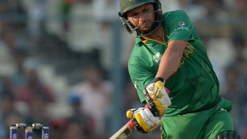Pakistan's captain Shahid Afridi plays a shot during the World T20 cricket tournament match between Pakistan and Bangladesh at The Eden Gardens
