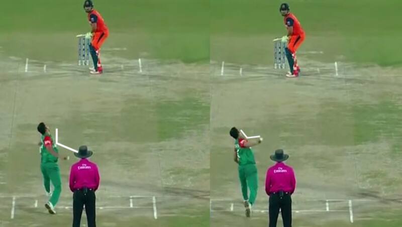It is evident that Taskin&rsquo;s arm bends significantly when his arm reaches his shoulder. Picture courtesy: BD Sports News 24 on YouTube